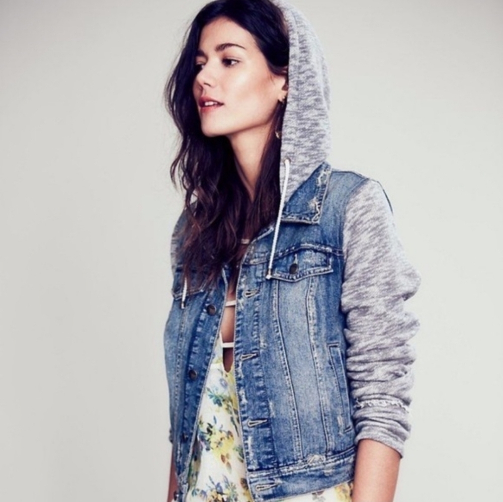 Free People Distressed Denim & Knit French Terry Hoodie Jacket,Blue/Gray, Size L